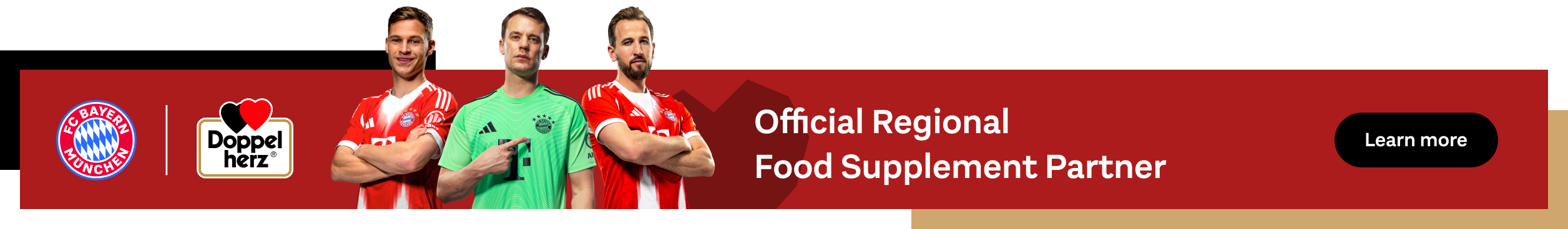 Three FC Bayern players are shown in the foreground. Next to them are the FC Bayern Munich and Doppelherz logos and the text: "Official Regional Food Supplement Partner". A black button says "Learn more".